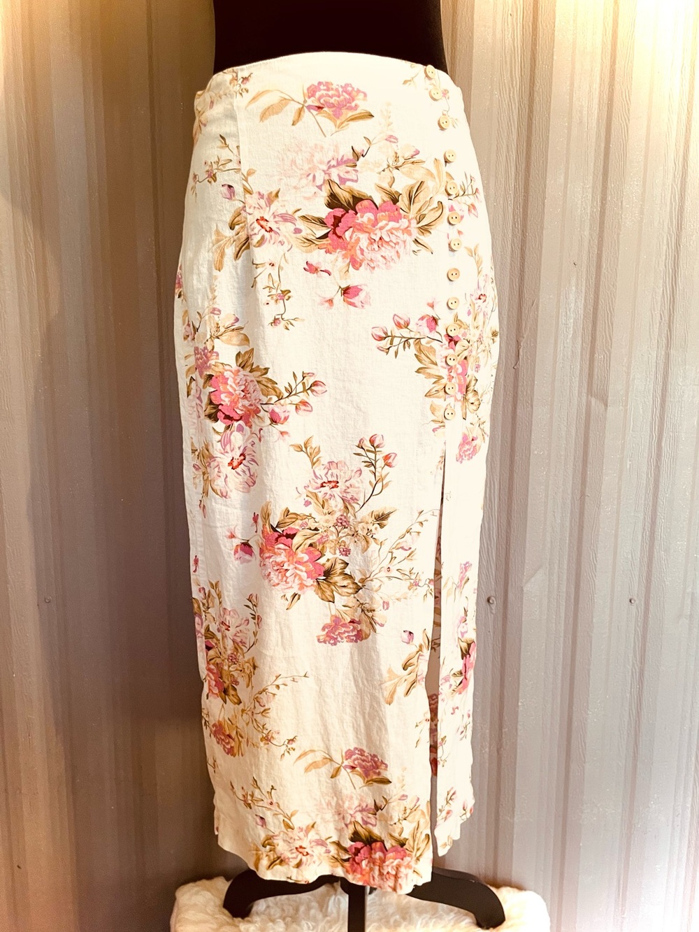Mango MNG Maxi Skirt Linen Blend Peony Floral High Slit Lightweight Zip sz 4